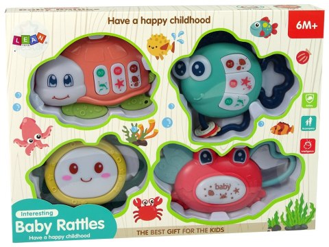 Dziecięcy Zestaw Grzechotek 4 Sztuki Żółw Rybka Zwierzęta Morskie Gryzak LEAN Toys
