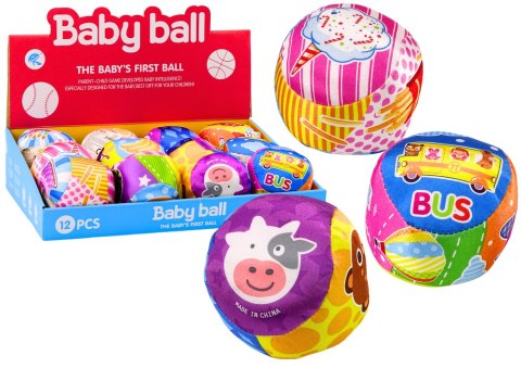 Miękka Piłeczka Z Grzechotką Kolorowa Piłka Zwierzątka Owoce MIX 10cm LEAN TOYS