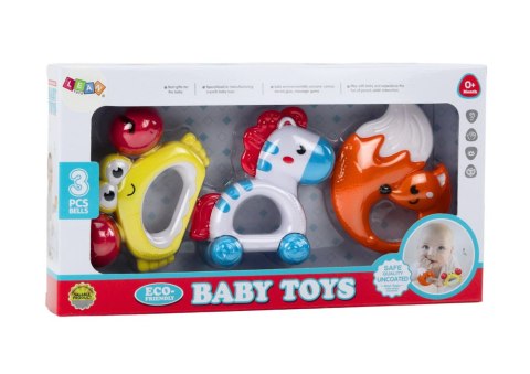 Zestaw Zabawek Dla Niemowlaka Grzechotki Gryzaczki Zebra Krab Lis 3 Szt LEAN Toys