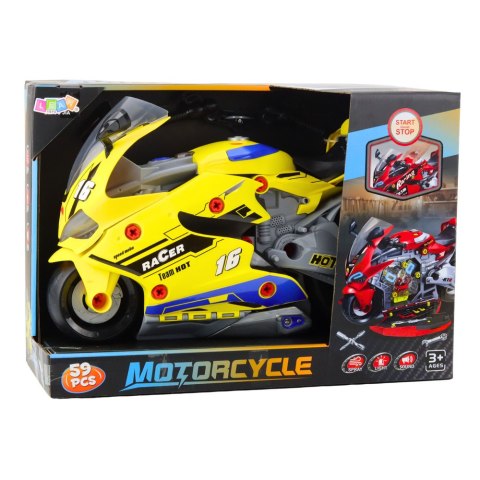 Motocykl Do Rozkręcania 2w1 DIY Warsztat Światła Dźwięki Dym Żółty 43cm LEAN Toys