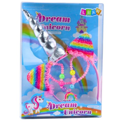 Zestaw Opaska Jednorożec Uszy Róg Naszyjnik Kolorowe LEAN TOYS