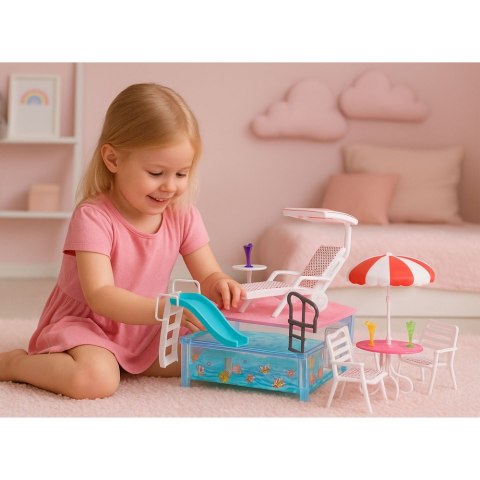 Zestaw Letni Resort Dla Lalek Basen Zjeżdżalnia Leżaki Parasol LEAN Toys