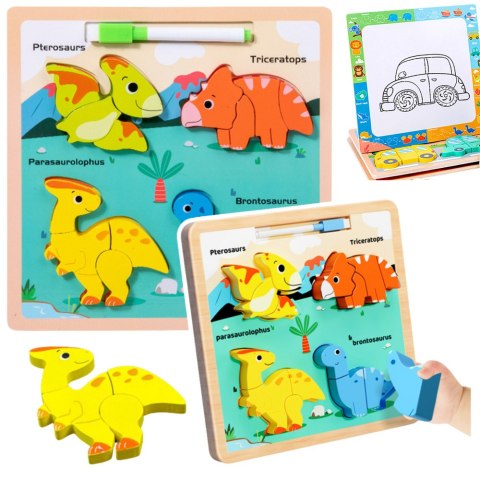 Układanka Tablica 2w1 Drewniana Edukacyjna Dinozaury Pisak LEAN TOYS