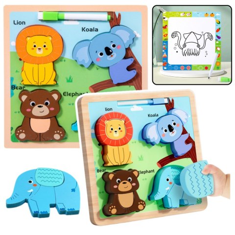Układanka Tablica 2w1 Drewniana Edukacyjna Dzikie Zwierzęta Pisak LEAN TOYS