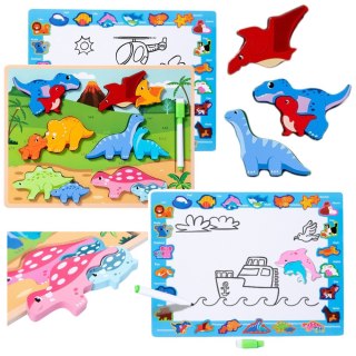 Układanka Tablica 2w1 Drewniana Edukacyjna Pisak Dinozaury 12el LEAN Toys