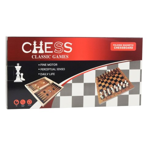 Klasyczna Gra Logiczna 3w1 Szachy Warcaby Backgammon Drewniane LEAN Toys