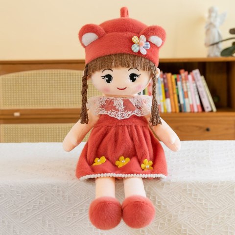 Lalka Szmacianka Miękka Pluszowa Czerwona Sukienka Czapka Z Uszami 45cm LEAN Toys