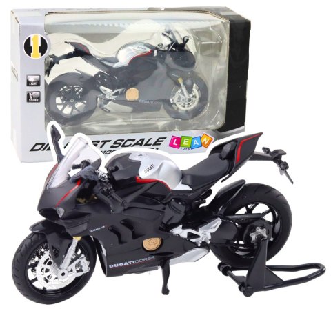 Motocykl Sportowy Metalowy Światła Dźwięki Srebrne Elementy Czarny V4 1:12 LEAN Toys