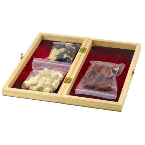 Zestaw Drewniana Gra 3W1 Szachy Tryktrak Warcaby Składana Plansza 24x24cm LEAN Toys