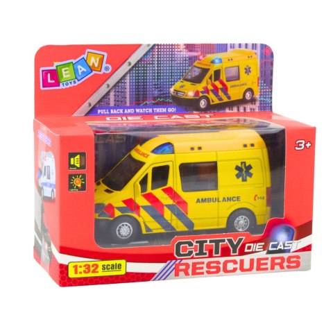 Karetka Ambulans Metalowy Z Napędem Pull Back Światła Dźwięki Żółty 1:32 LEAN Toys