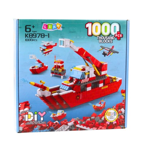 Klocki Konstrukcyjne Łódź Statek Strażacki Czerwony 6w1 1000 el. LEAN Toys