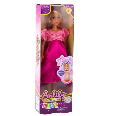 Lalka Anlily W Ciąży Różowa Sukienka Satynowa Długie Włosy LEAN Toys