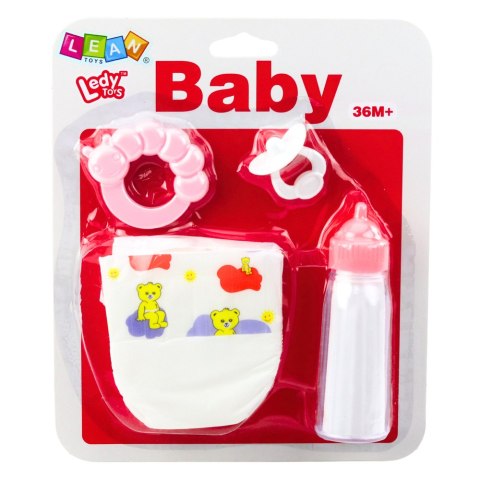 Zestaw Akcesoria Dla Lalek Smoczek Butelka Pielucha Grzechotka LEAN Toys