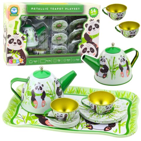 Zestaw Do Herbaty Metalowy Dzbanek Filiżanka Talerzyki Panda Zielony 14el LEAN Toys