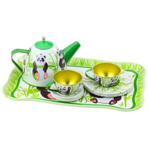 Zestaw Do Herbaty Metalowy Dzbanek Filiżanka Talerzyki Panda Zielony 14el LEAN Toys