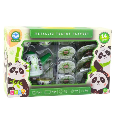 Zestaw Do Herbaty Metalowy Dzbanek Filiżanka Talerzyki Panda Zielony 14el LEAN Toys