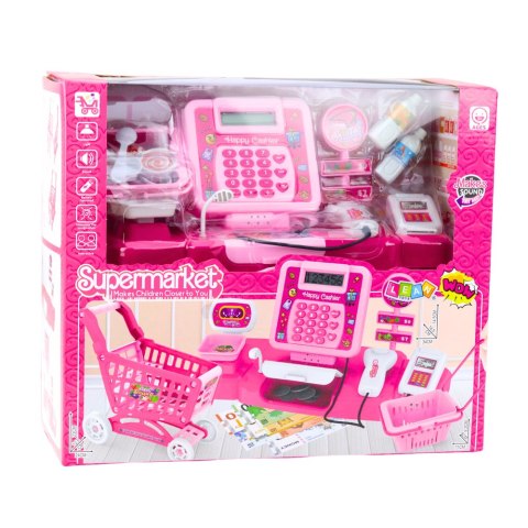 Zestaw Sklepowy Kasa Koszyk Produkty Spożywcze Światła Dźwięki Różowy LEAN Toys
