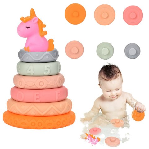Piramidka Wieża Dla Malucha Gumowe Miękkie Klocki Jednorożec LEAN Toys