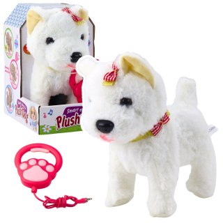 Interaktywny Piesek Z Kokardkami Na Smyczy Chodzi Szczeka Biały LEAN Toys