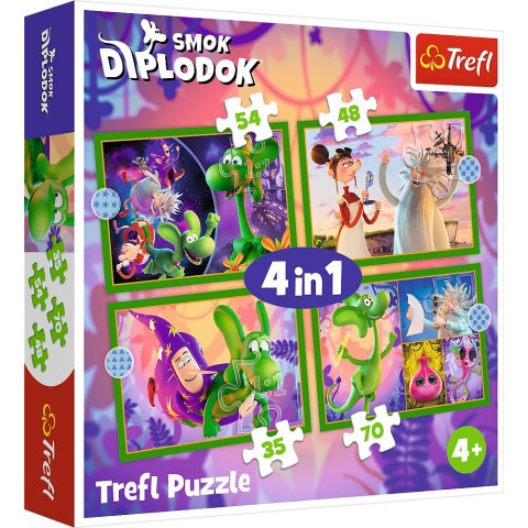 Puzzle - 4w1 Świat Smoka Diplodoka- Human Film Smok Diplodok 34663 Trefl Puzzle