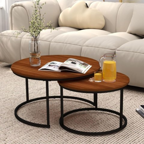 Zestaw Okrągłe Stoliki Kawowe 2w1 Vintage Naturalne Drewno 70x50cm 45x44cm LEAN
