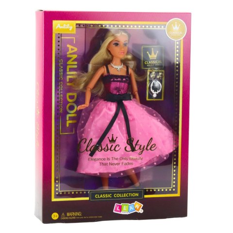 Lalka Anlily W Różowej Sukience Z Czarną Kokardą Kolczyki Naszyjnik LEAN Toys