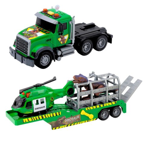Zestaw Ciężarówka Helikopter Klatka Z Dinozaurem Świata Dźwięki Zielona LEAN Toys