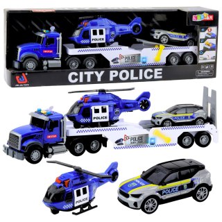 Zestaw Ciężarówka Policyjna Helikopter Auto Radiowóz Światła Dźwięki LEAN Toys