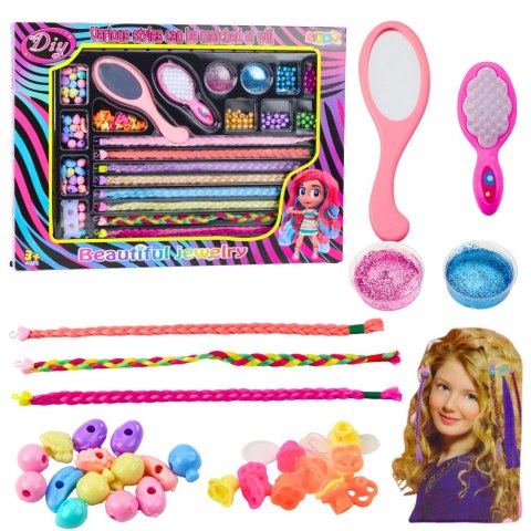 Zestaw Piękności do Stylizacji Włosów Warkocze Koraliki Brokat Szczotka LEAN Toys