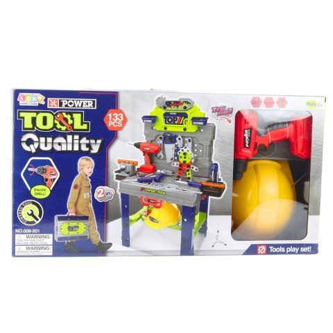 Stolik Majsterkowicza Walizka 2w1 Zestaw Narzędzi Wkrętarka Kask 133 el. LEAN Toys