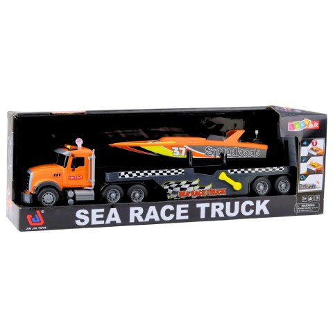 Zestaw Ciężarówka z Nakręcaną Motorówką Światła Dźwięki Pomarańczowa LEAN Toys