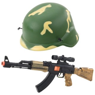 Zestaw Militarny Wojskowy Karabin Dźwięk Kask Hełm z Gumką LEAN Toys