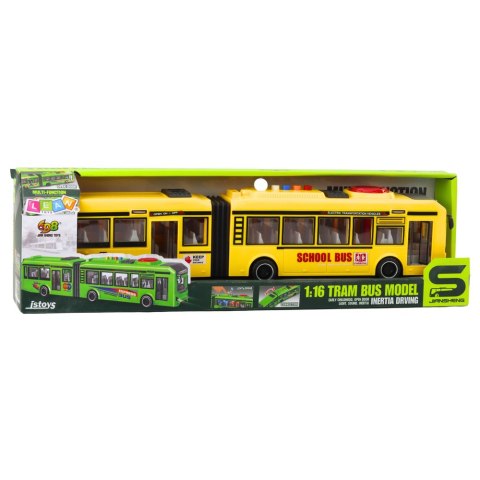 Autobus Przegubowy Szkolny Otwierane Drzwi Światła Dźwięki Żółty 1:16 LEAN Toys