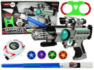 Zestaw Wojownika Kosmosu Pistolet Laserowy Miecz Świetlny Kajdanki Miotacz Dysków LEAN Toys