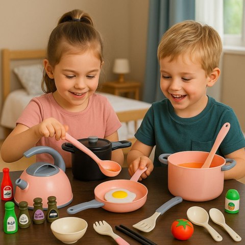 Zestaw Kuchenny Garnki Akcesoria Do Gotowania Jedzenie Różowe 32 el. LEAN Toys