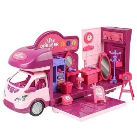 Rozkładany Kamper Dla Lalek Garderoba Akcesoria Różowy 42 el. LEAN Toys