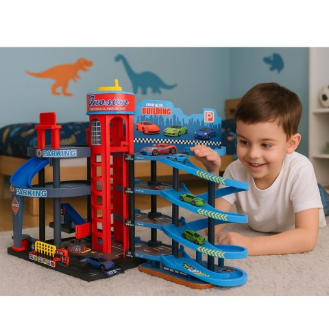 Parking Z Autkami Tor 4 Poziomowy 8 Metalowych Pojazdów Naklejki LEAN Toys