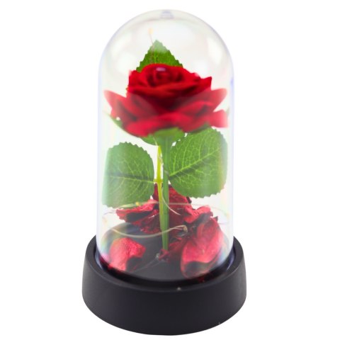 Wieczna Róża w Kopule z Oświetleniem LED Czerwona z Płatkami Róż 14x8cm LEAN