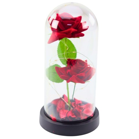 Wieczne 2 Róże w Kopule z Oświetleniem LED i Płatkami Róż Czerwone 21x11cm LEAN