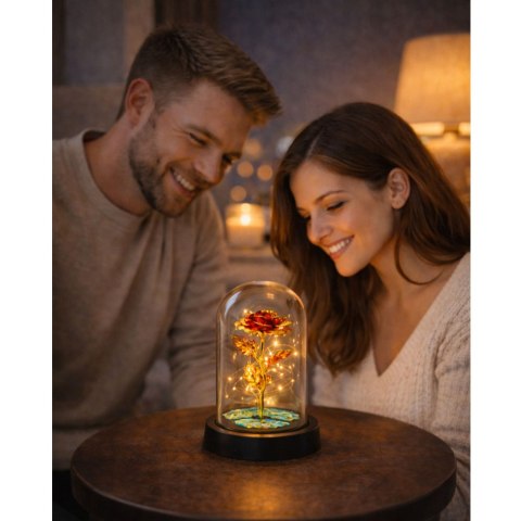 Wieczna Kryształowa Róża w Kopule z Oświetleniem LED Czerwona 21x11cm LEAN
