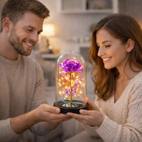 Wieczna Kryształowa Róża w Kopule z Oświetleniem LED Różowa 21x11cm LEAN