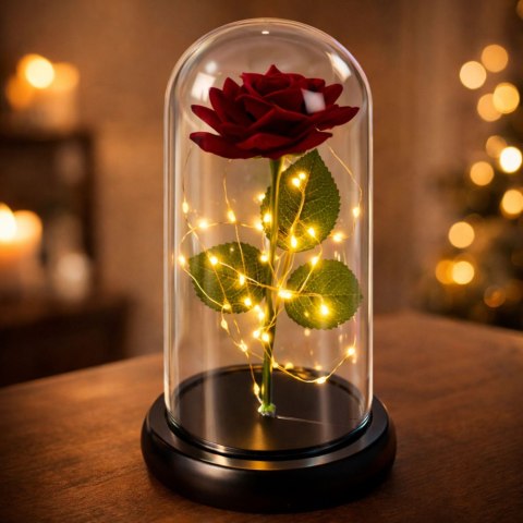 Wieczna Róża w Kopule z Oświetleniem LED Czerwona 21x11cm LEAN
