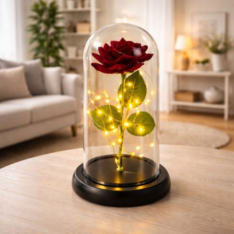 Wieczna Róża w Kopule z Oświetleniem LED Czerwona 21x11cm LEAN
