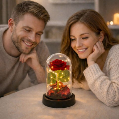 Wieczna Róża w Kopule z Oświetleniem LED Czerwona z Płatkami Róż 14x8cm LEAN