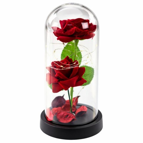 Wieczne 2 Róże w Kopule z Oświetleniem LED i Płatkami Róż Czerwone 21x11cm LEAN