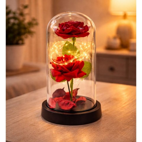Wieczne 2 Róże w Kopule z Oświetleniem LED i Płatkami Róż Czerwone 21x11cm LEAN
