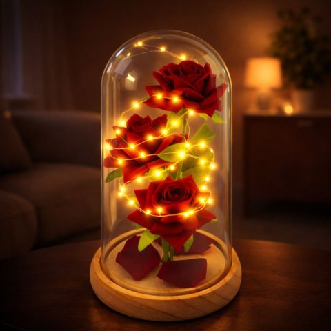 Wieczne Róże W Szklanej Kopule Oświetlenie LED Czerwone 21,5 x 11 cm LEAN