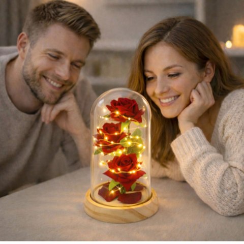 Wieczne Róże W Szklanej Kopule Oświetlenie LED Czerwone 21,5 x 11 cm LEAN