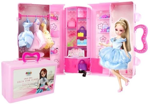 Lalka Modelka Zestaw Ubrań Garderoba Biżuteria w Walizce Blond LEAN Toys