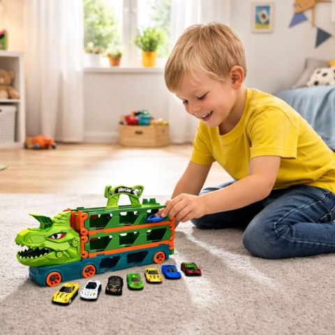 Ciężarówka Dinozaur z Resorakami Tor Dla Autek Transporter Wyrzutnia 4w1 LEAN Toys